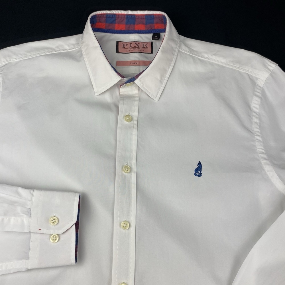 Thomas Pink "Casual"‎ Shirt Men's Medium White w/Contrasting Trim Regular Fit